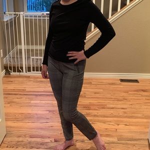 Long sleeve shirt, black and white plaid pants